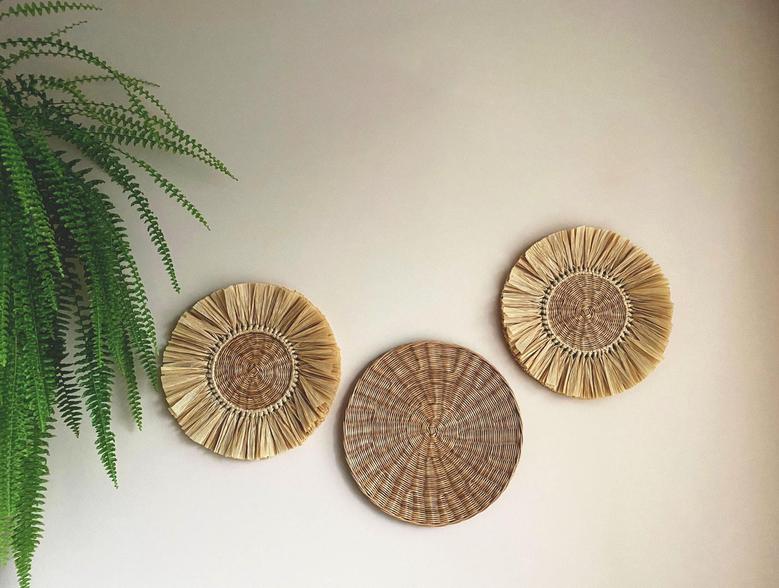 Handmade Wicker Wall Set 3 Basket Plates for Living Room Decor