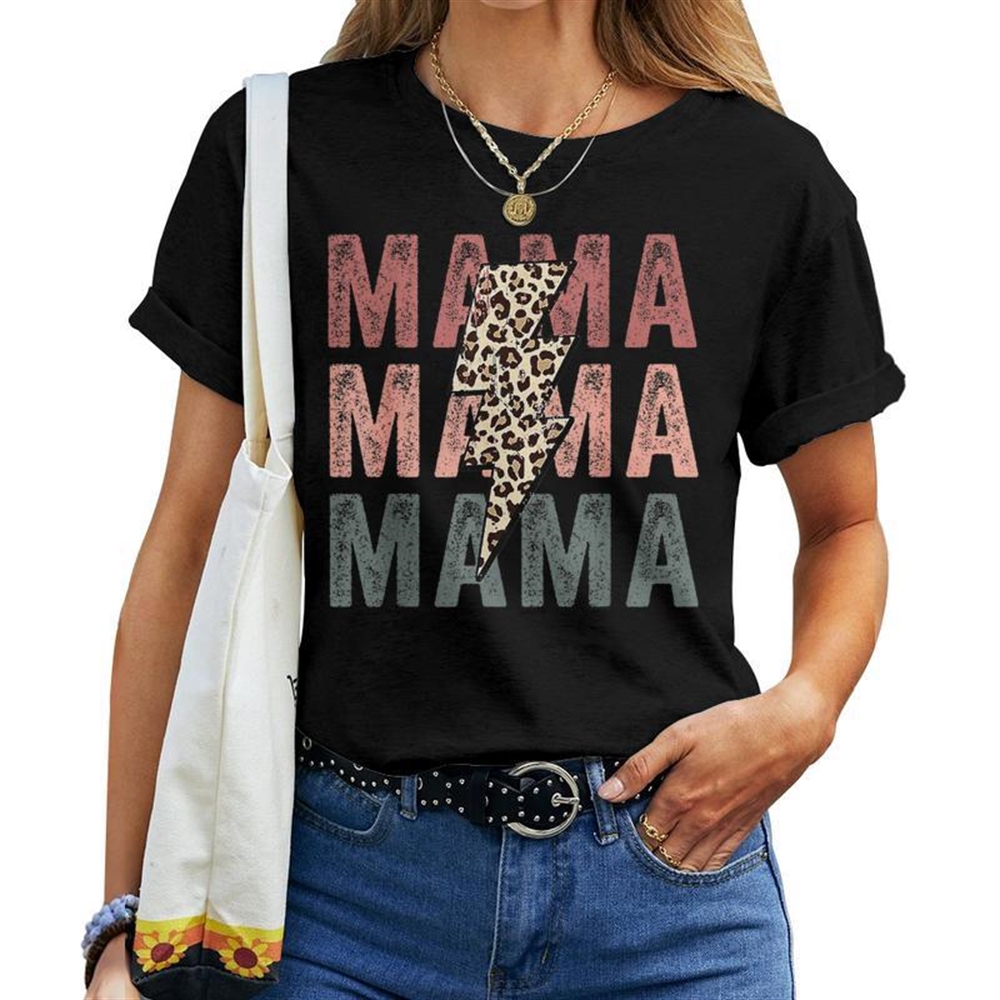 Retro Mama Distressed Lightning Bolt Leopard Mom For Mom Women T-shirt Crewneck